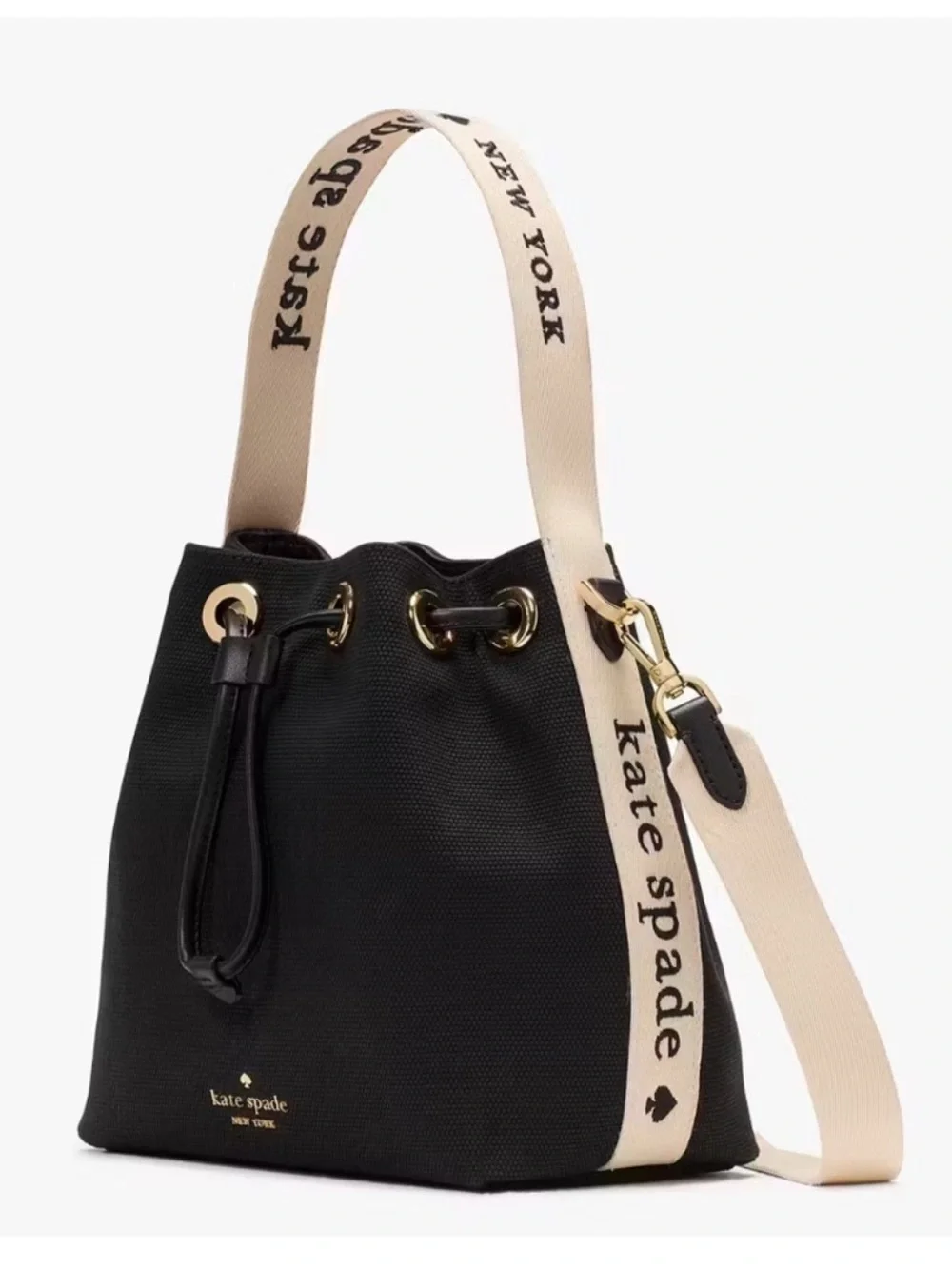 kate spade Black Mini Drawstring Bucket Bag with Neutral Trim